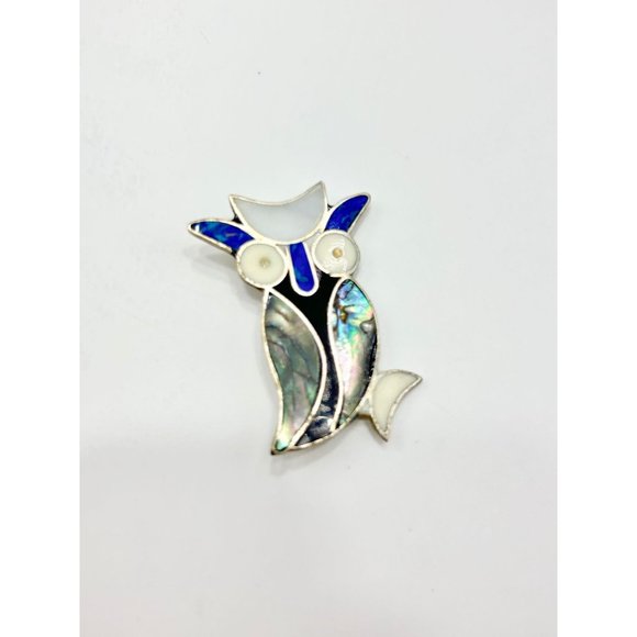 Vintage Alpaca Silver Mexico Owl Bird Pin Brooch with Abalone Shell Stone Inlay - Picture 2 of 10